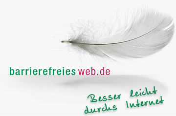 Logo barrierefreiesweb.de - zeigt eine schwebende Flaumfeder mit dem Slogan: Besser leicht durchs Internet.